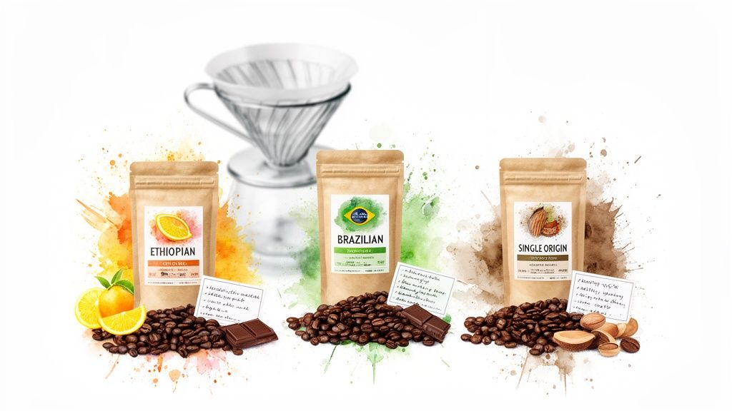 Three gourmet coffee bags: Ethiopian, Brazilian, and Single Origin, with beans, fruits, and a V60 dripper.