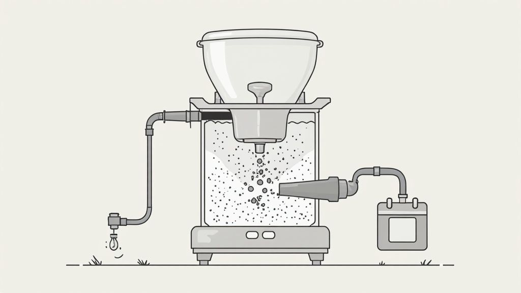 A detailed diagram illustrating a water filtration or distillation process with pipes and containers.