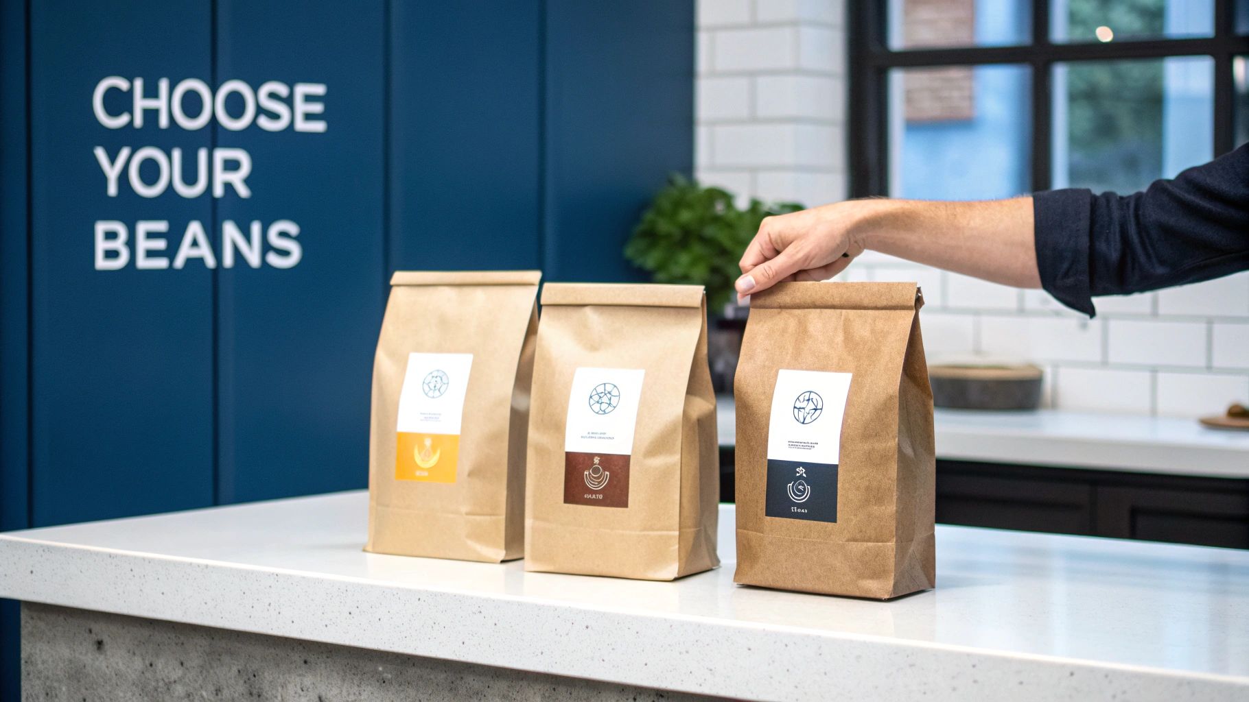 Two hands scooping whole coffee beans from a large sack.