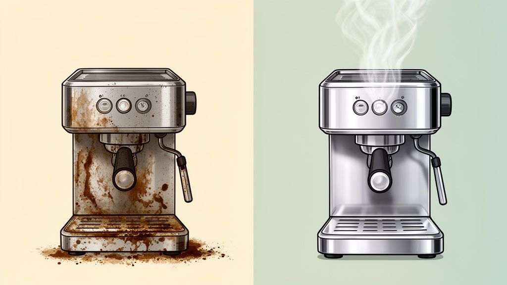 A dirty, coffee-stained espresso machine contrasted with a sparkling clean, steaming one.