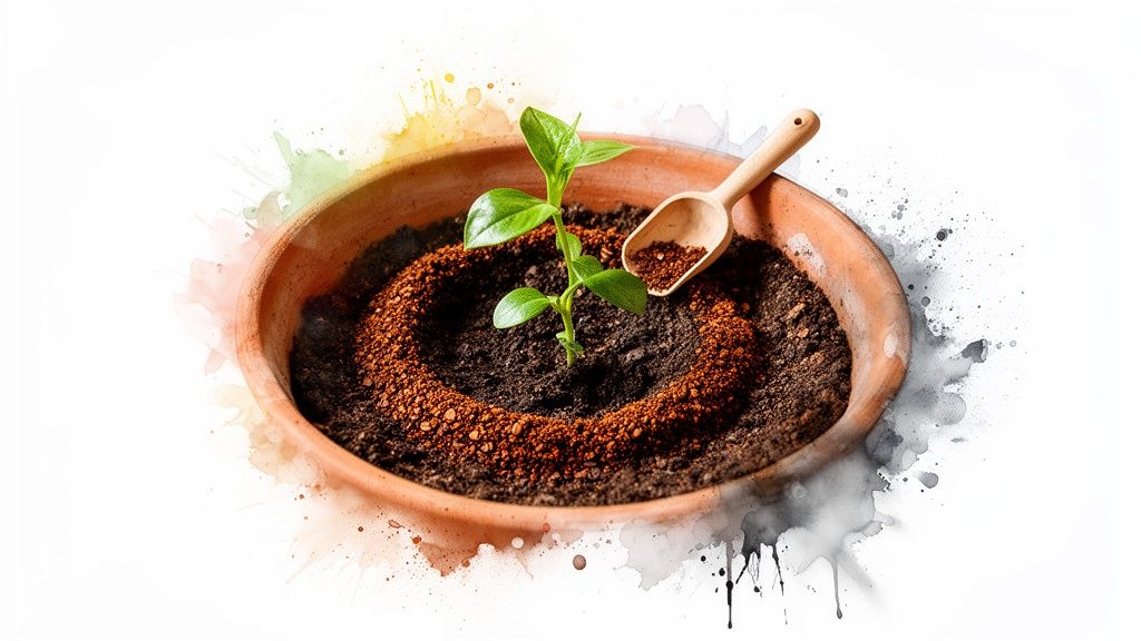 A vibrant green plant in a terracotta pot, surrounded by coffee grounds, with a small wooden scoop.