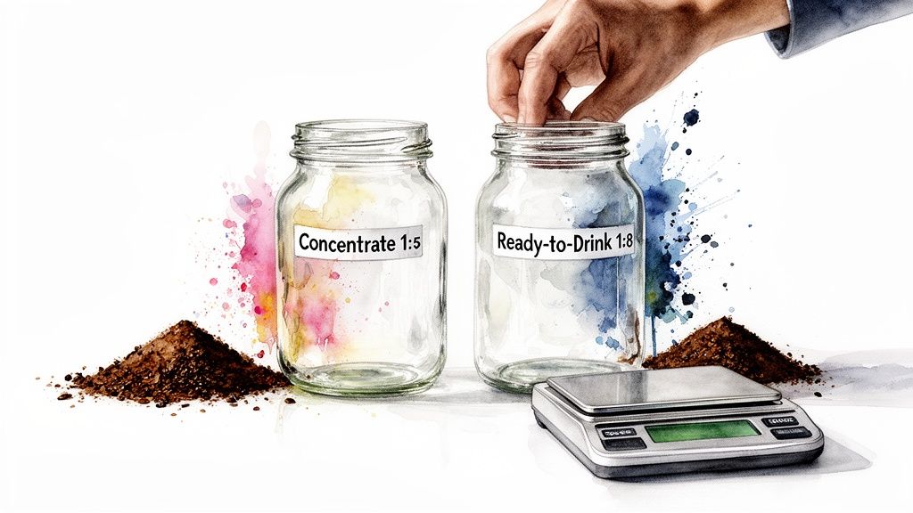 Illustration of two jars, 'Concentrate 1:5' and 'Ready-to-Drink 1:8', with coffee grounds and a scale.