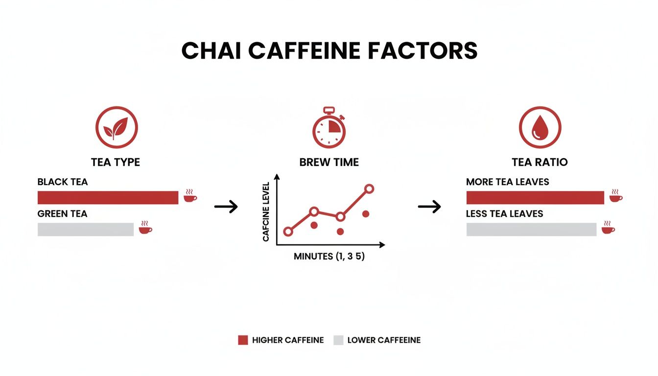 Infographic illustrating key factors influencing caffeine levels in chai: tea type, brew time, and tea leaf ratio.