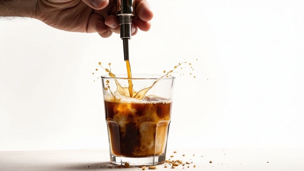 A hand pours dark coffee from a metal dispenser into a glass with cream and ice, creating a dynamic splash.