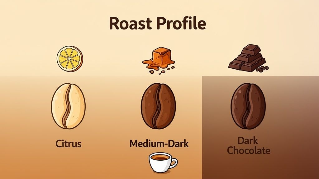 Illustration showing three coffee beans with their corresponding roast levels and flavor profiles: Citrus, Medium-Dark, and Dark Chocolate.