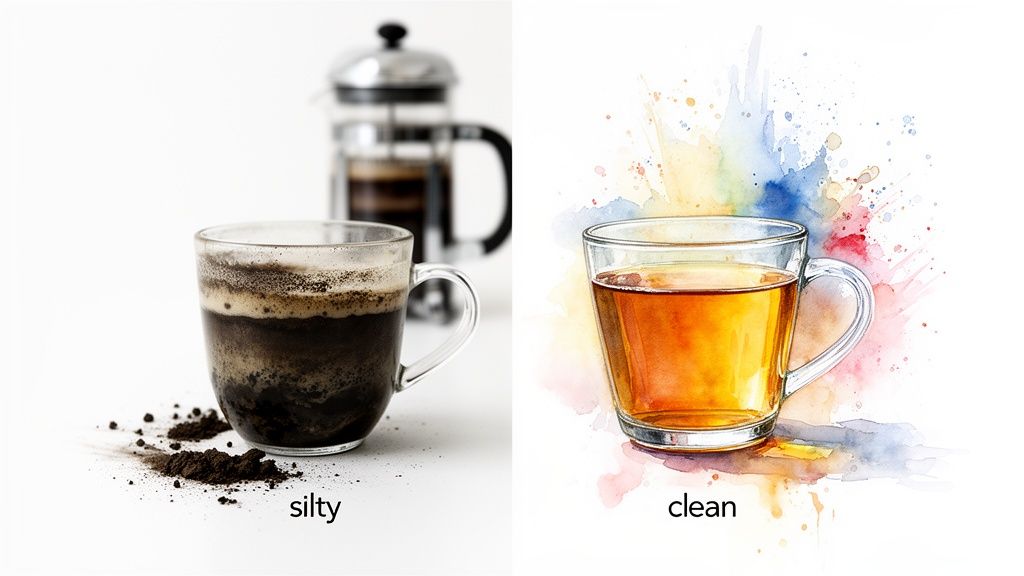 Two clear mugs, one with silty coffee and grounds, another with clean tea and watercolor splashes.