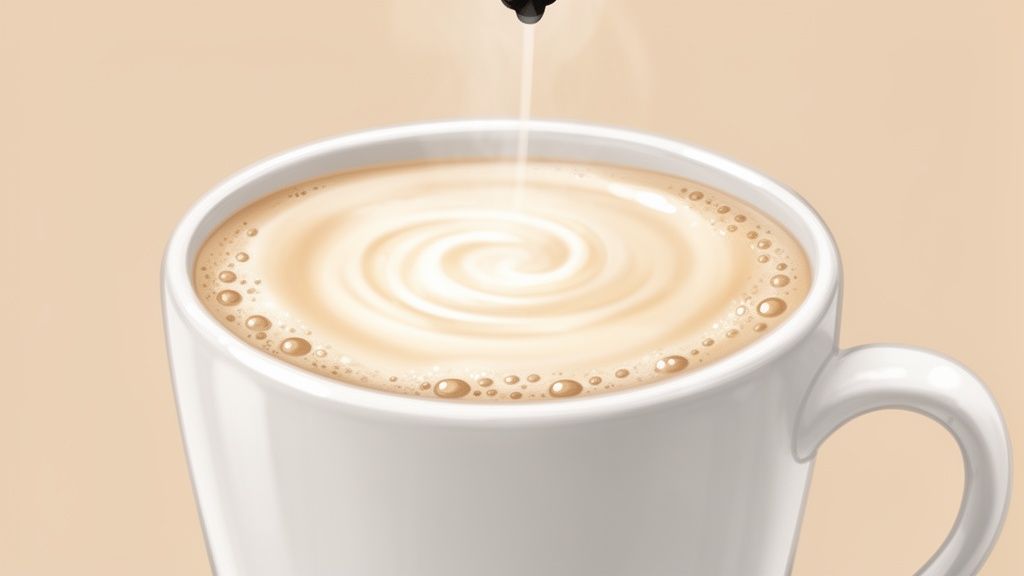 Close-up of a frothy latte in a white mug with a beautiful creamy swirl on top.