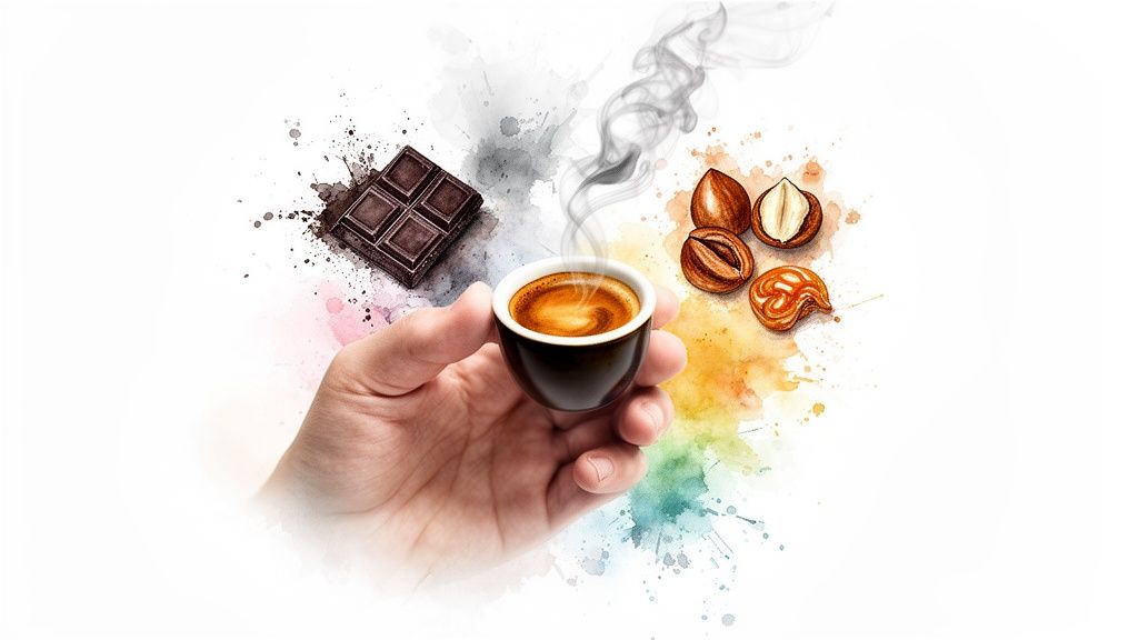 Hand holding a steaming cup of espresso, with chocolate, hazelnuts, and colorful splashes.