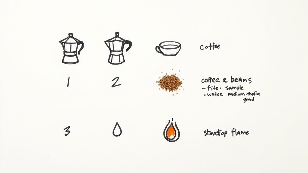 A disassembled moka pot on a wooden surface, with coffee beans and a scoop nearby.