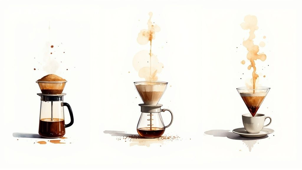 Artistic watercolor depiction of three coffee brewing methods with splashes and drips.