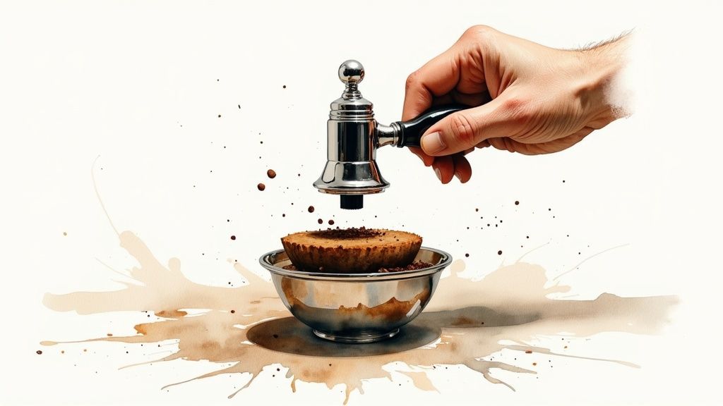 A hand tamping coffee grounds in a metal bowl, surrounded by coffee splatters on a white background.