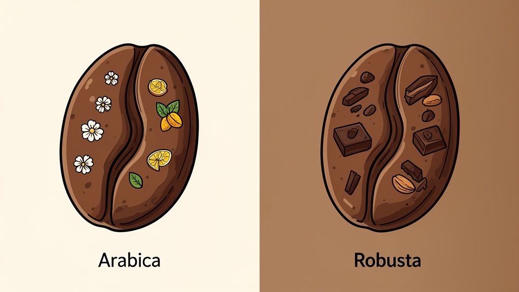 Illustration comparing Arabica and Robusta coffee beans, highlighting their distinct floral/fruity vs chocolatey/nutty flavor profiles.