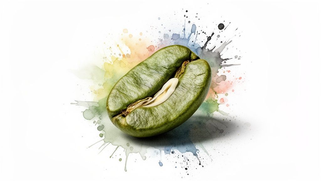 Close-up of a vibrant green coffee bean, partially open, against colorful watercolor splatters.