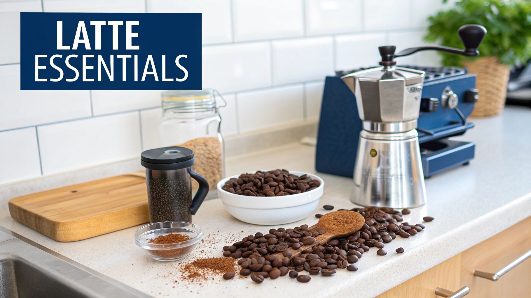 A collection of latte making equipment including an espresso machine, milk jug, and cups on a wooden counter.