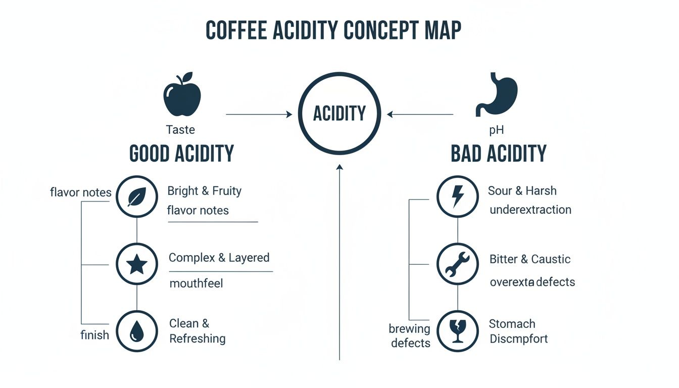 A concept map illustrating good versus bad coffee acidity, detailing desirable flavors and brewing defects.