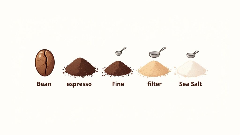 A visual comparison of a coffee bean, espresso, fine, filter coffee grinds, and sea salt.