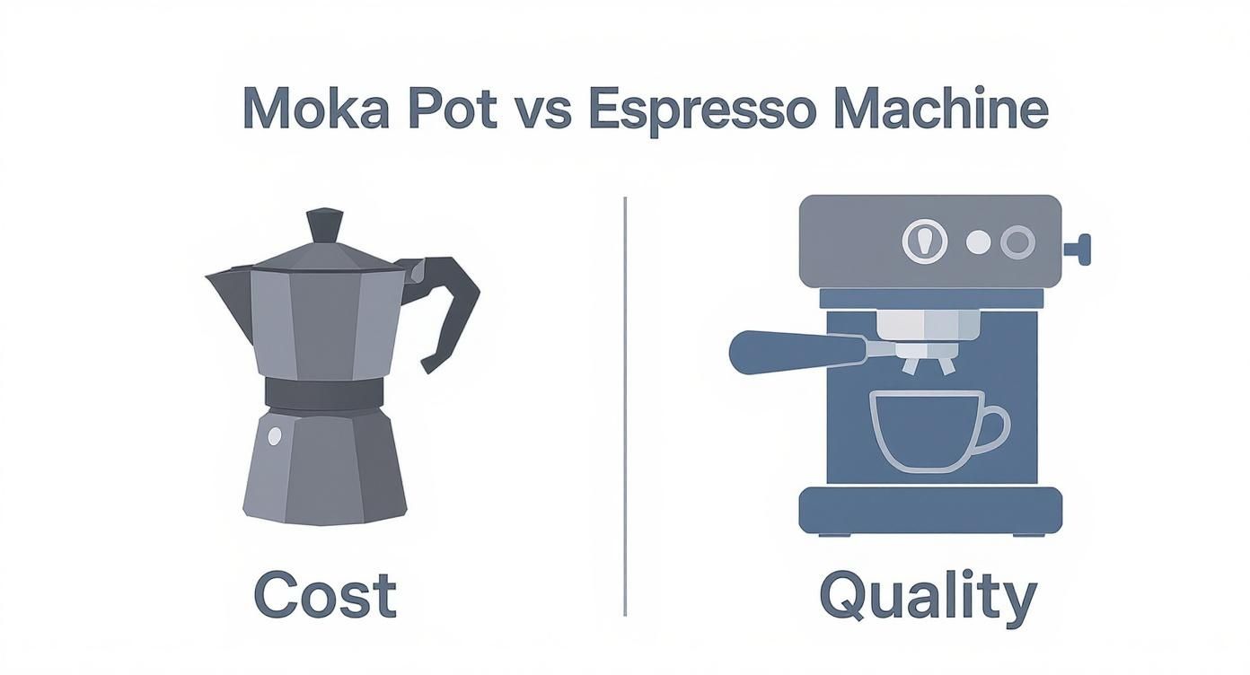 Illustration comparing a Moka pot and an espresso machine, highlighting their differences in cost and quality.