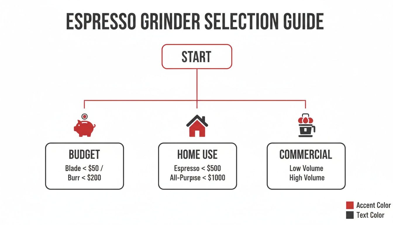 An espresso grinder selection guide flowchart showing categories for budget, home use, and commercial needs.