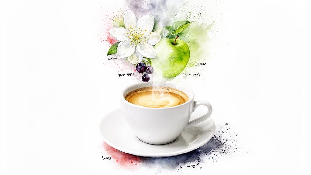 Watercolor illustration of coffee with flavor notes of jasmine, green apple, and berries.