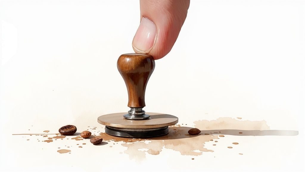 Hand holding wooden handle espresso tamper pressing coffee grounds with scattered beans on white surface