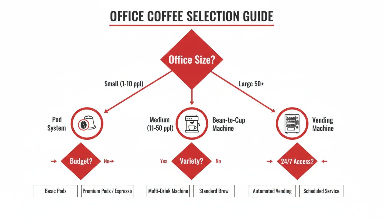 Decision guide for office coffee machine selection, considering office size, budget, variety, and access.