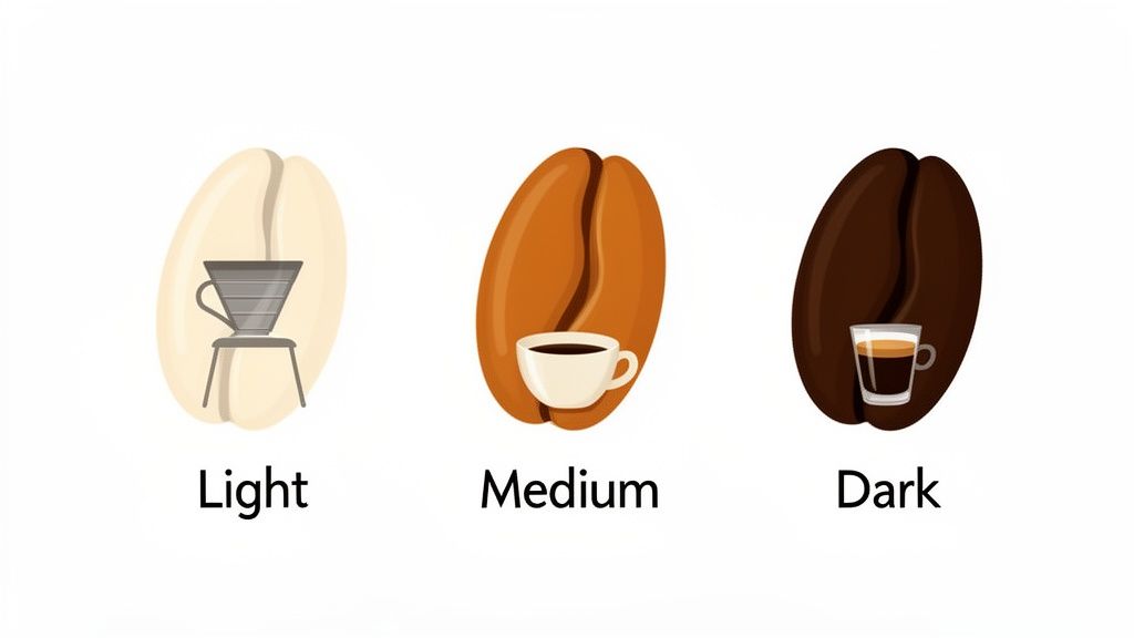 Three coffee beans illustrating light, medium, and dark roasts with corresponding brewing methods.