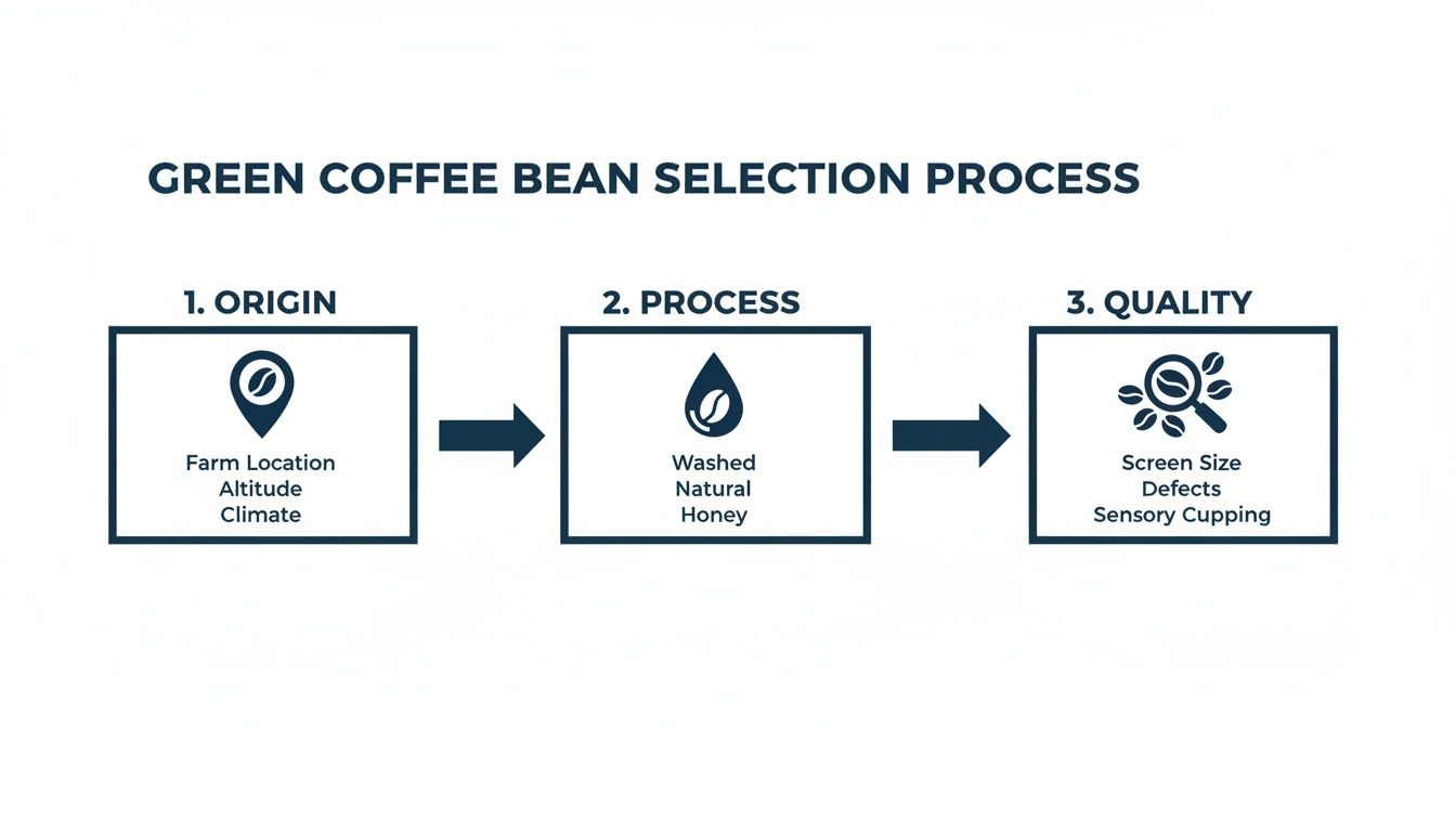 Flowchart illustrating the green coffee bean selection process, covering origin, processing, and quality stages.