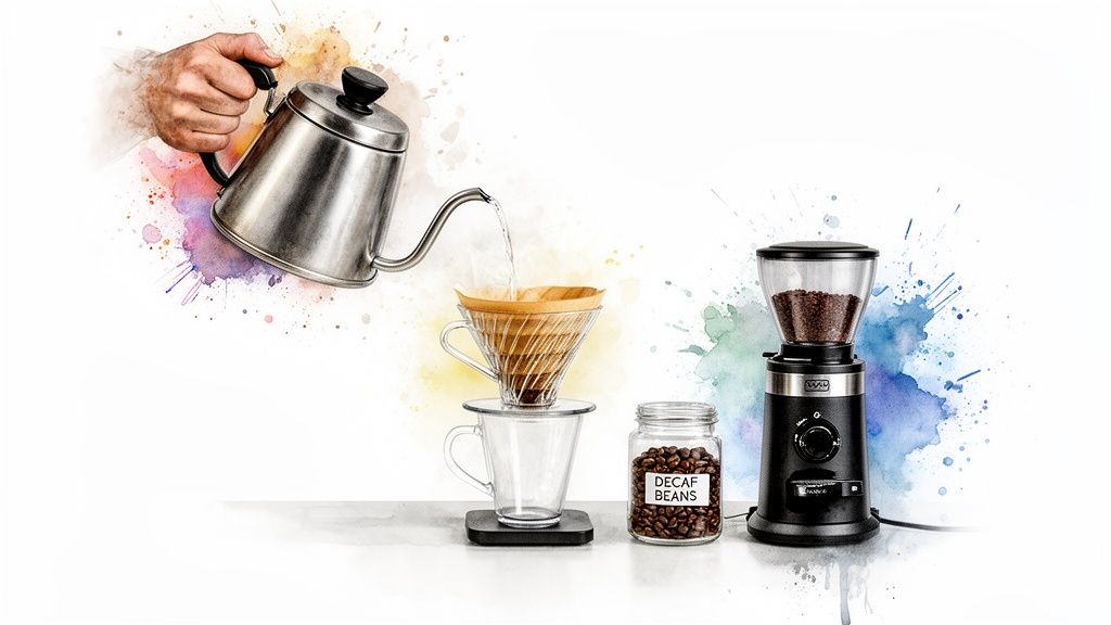 Making pour-over decaf coffee with a kettle, dripper, decaf beans in a jar, and a coffee grinder.