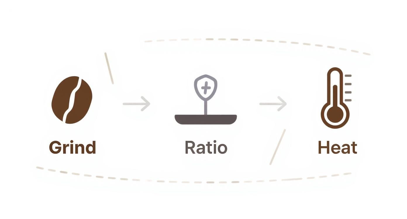 Infographic showing a 3-step coffee preparation process flow, with icons for Grind, Ratio, and Heat in a warm brown and grey colour palette.
