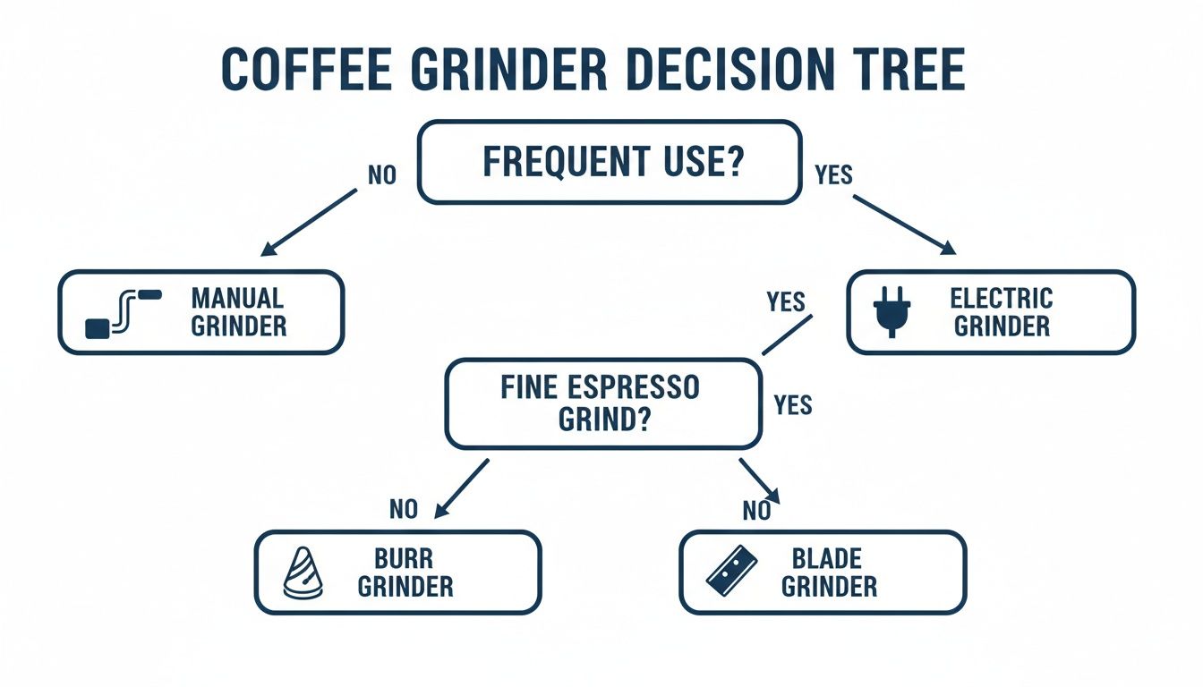 A coffee grinder decision tree flowchart guiding users to choose between manual, electric, burr, or blade grinders based on usage frequency and grind fineness.