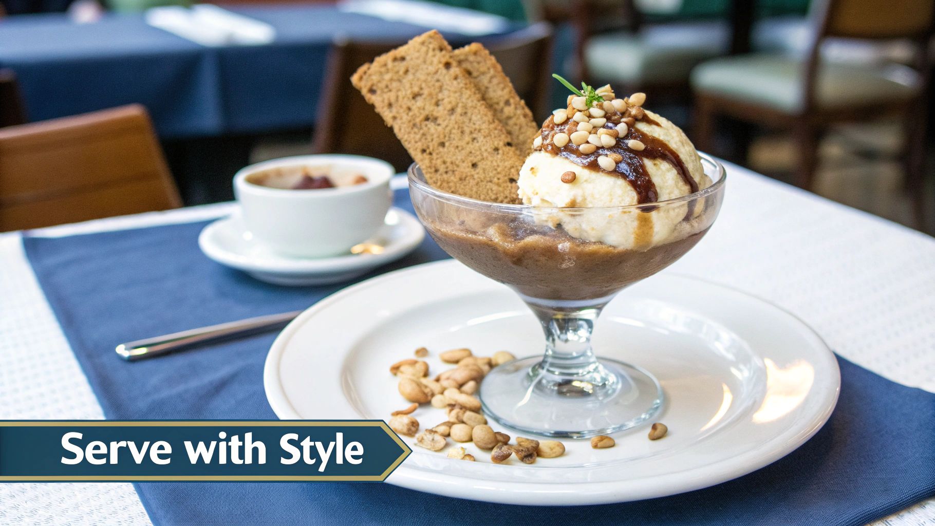 A beautifully presented affogato in a clear glass with a spoon and biscotti on the side.
