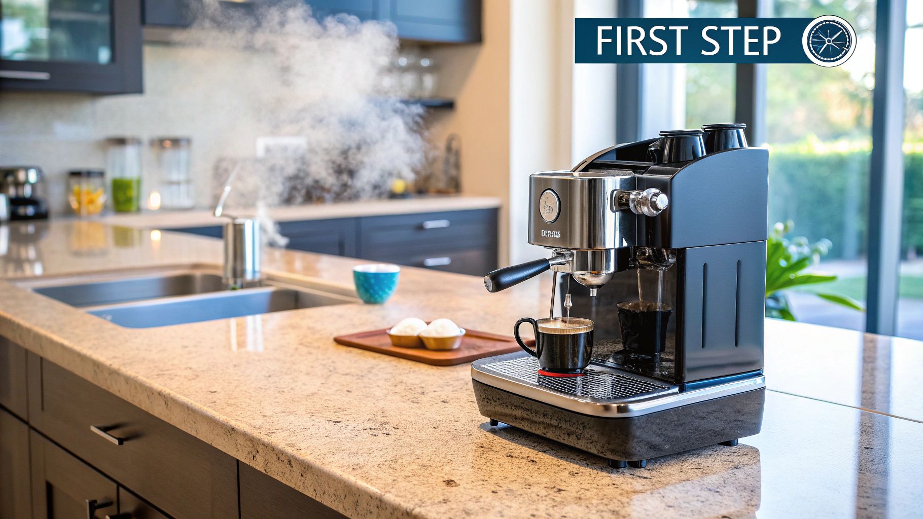 A cup of freshly brewed espresso with a rich crema, next to coffee beans and a portafilter.