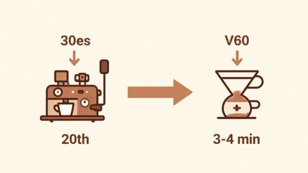 Two coffee brewing methods illustrated: an espresso machine (30 seconds) and a V60 pour-over (3-4 minutes).