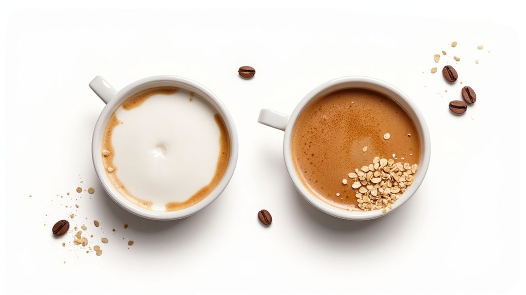 Two white coffee cups comparing oat milk latte and dairy milk latte with coffee beans and oats