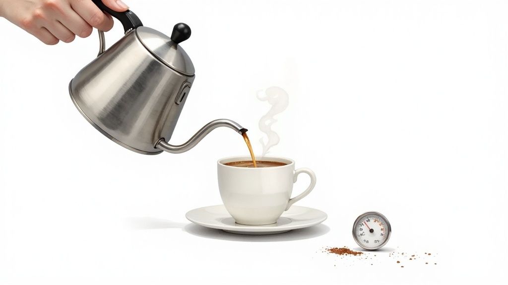 A person pouring hot water from a kettle into a coffee brewer, with steam rising.