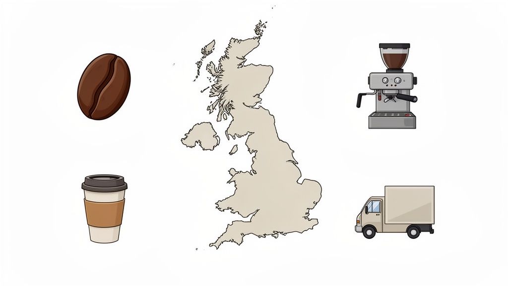 An illustration of the United Kingdom with coffee items: beans, espresso machine, cup, and delivery truck.