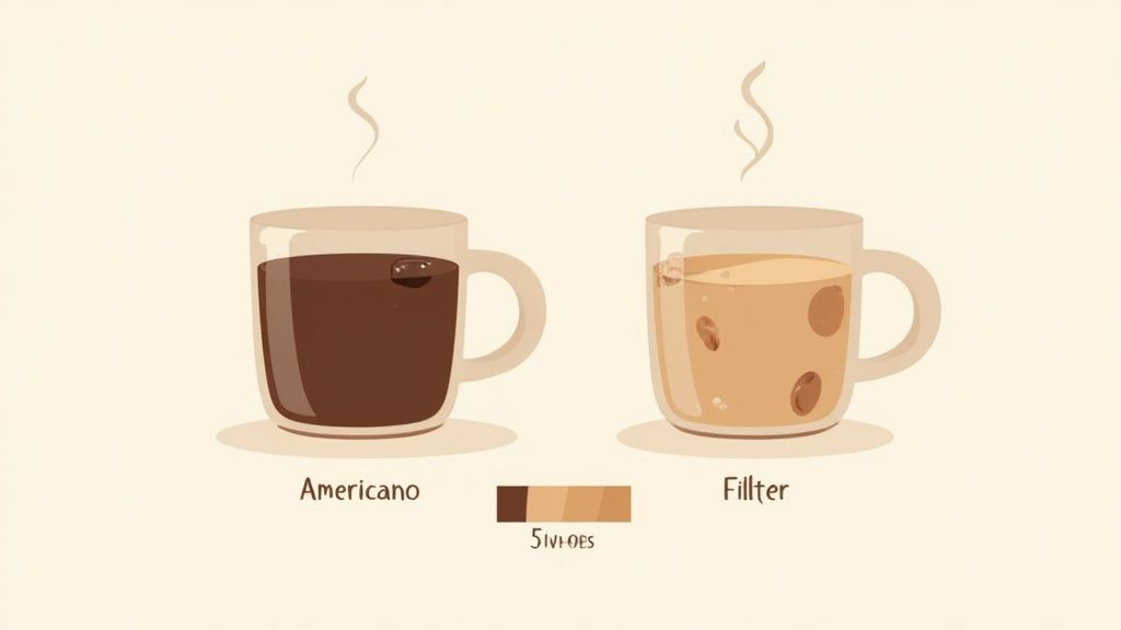 Two steaming mugs illustrate Americano, a dark coffee, and 'Fillter', a lighter coffee with beans, alongside a color palette.