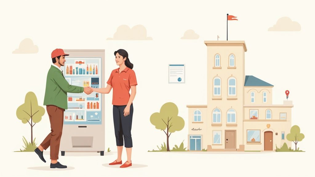 Two people shake hands in front of a vending machine with a building and trees behind them.