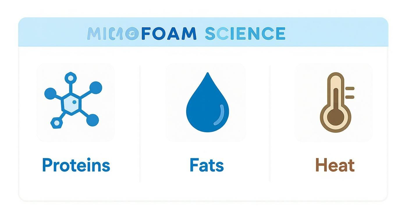 Microfoam science diagram showing proteins, fats, and heat components for perfect latte art milk