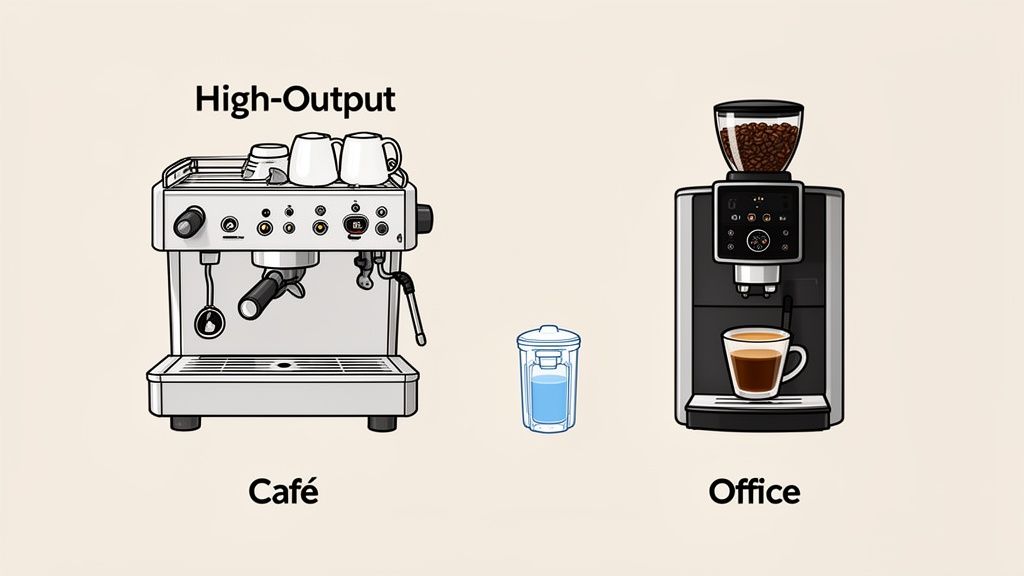 Illustration of two commercial coffee machines: a high-output café espresso machine and an office automatic brewer.