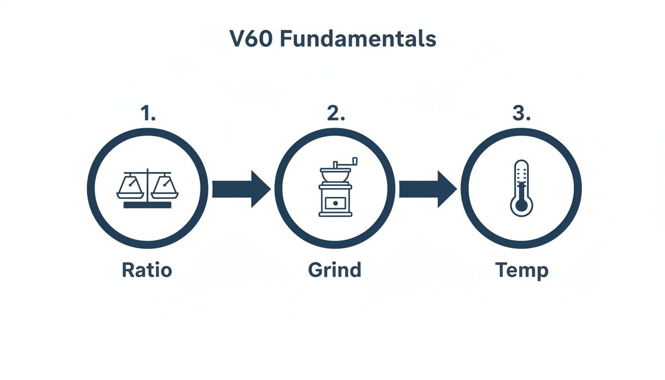 A flowchart outlining V60 coffee fundamentals: Ratio, Grind, and Temp, with corresponding icons.