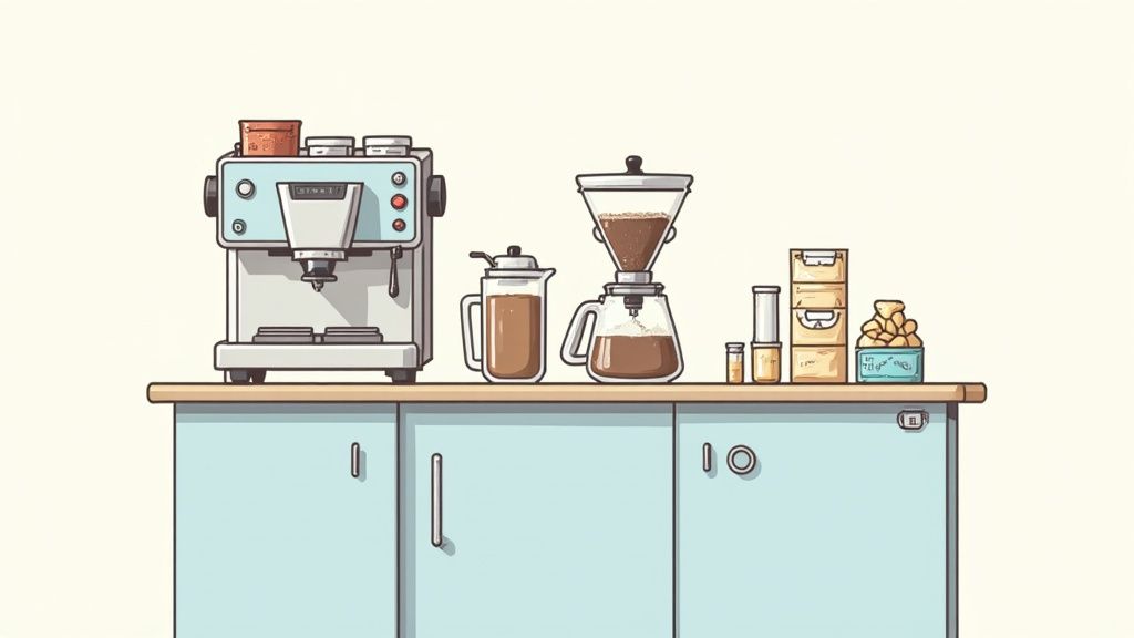 A minimalist illustration of a coffee station with an espresso machine, pour-over, and other accessories on a light blue cabinet.