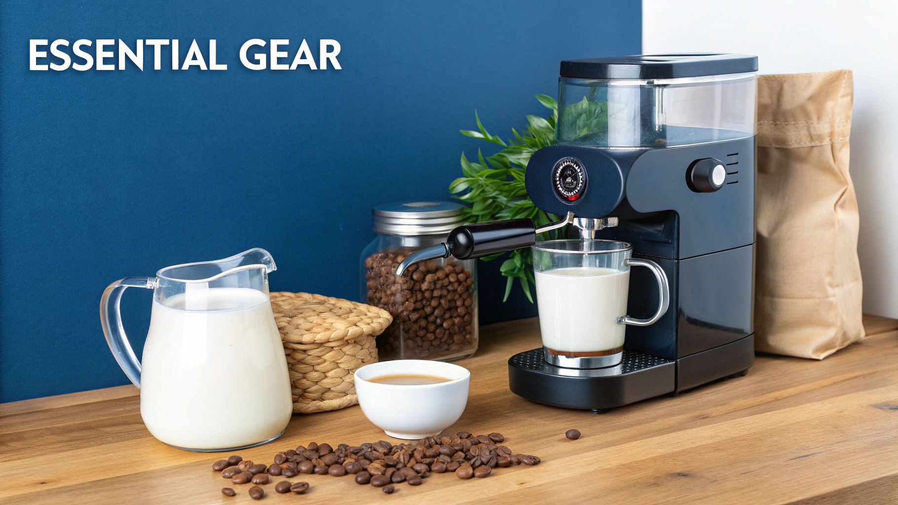A collection of cortado-making essentials including an espresso machine, fresh coffee beans, and a milk pitcher.