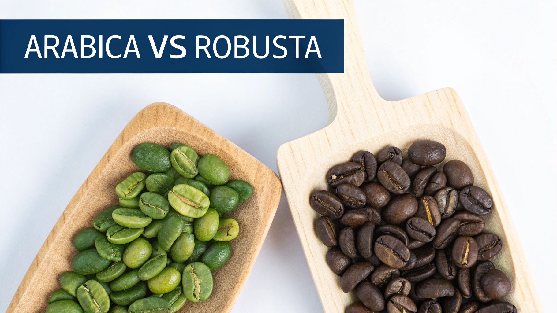 Two hands holding different types of coffee beans, one Arabica and one Robusta.