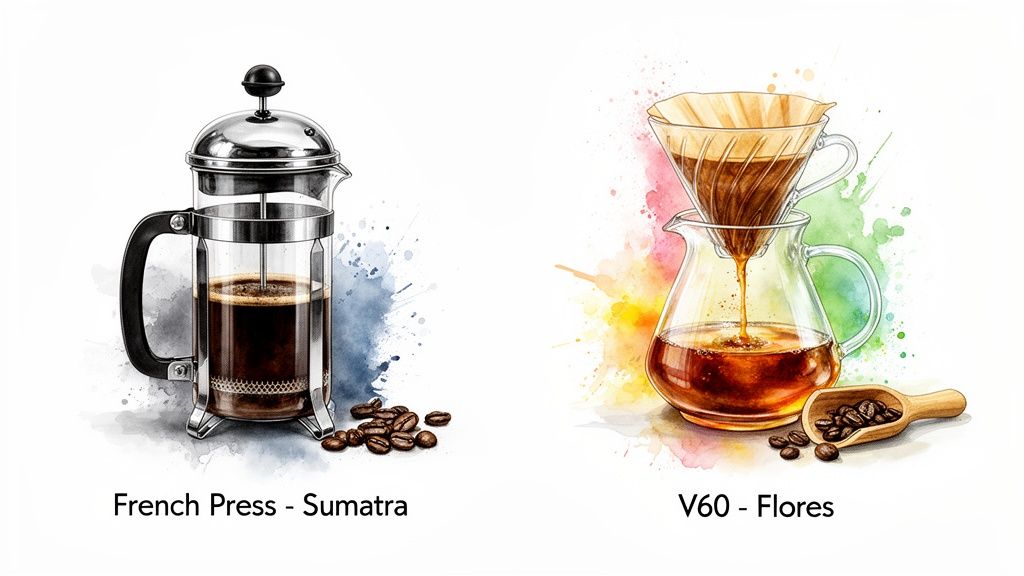 Watercolor illustration of two Indonesian coffee brewing methods: French press with Sumatra, and V60 with Flores beans.