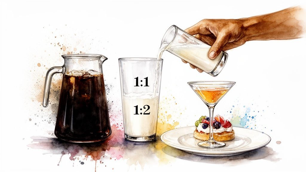 Watercolor illustration demonstrating cold brew coffee and milk ratios, with a dessert and cocktail nearby.