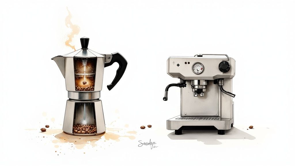 An illustration comparing a cutaway moka pot with coffee beans to an espresso machine.