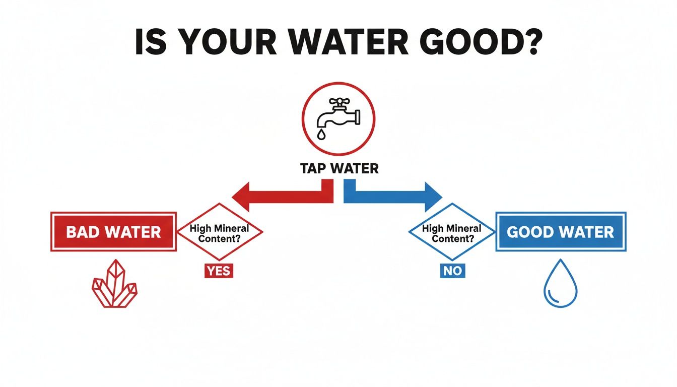 Flowchart illustrating how to determine if tap water is good based on high or low mineral content, leading to bad or good water.