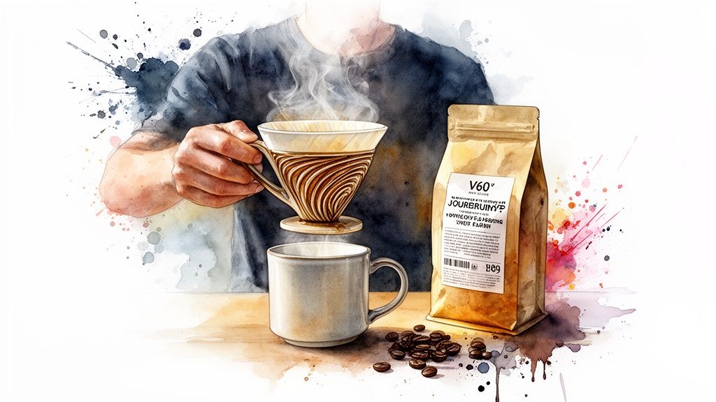 Watercolor painting of a person brewing pour-over coffee with a V60 dripper, mug, and coffee bag.