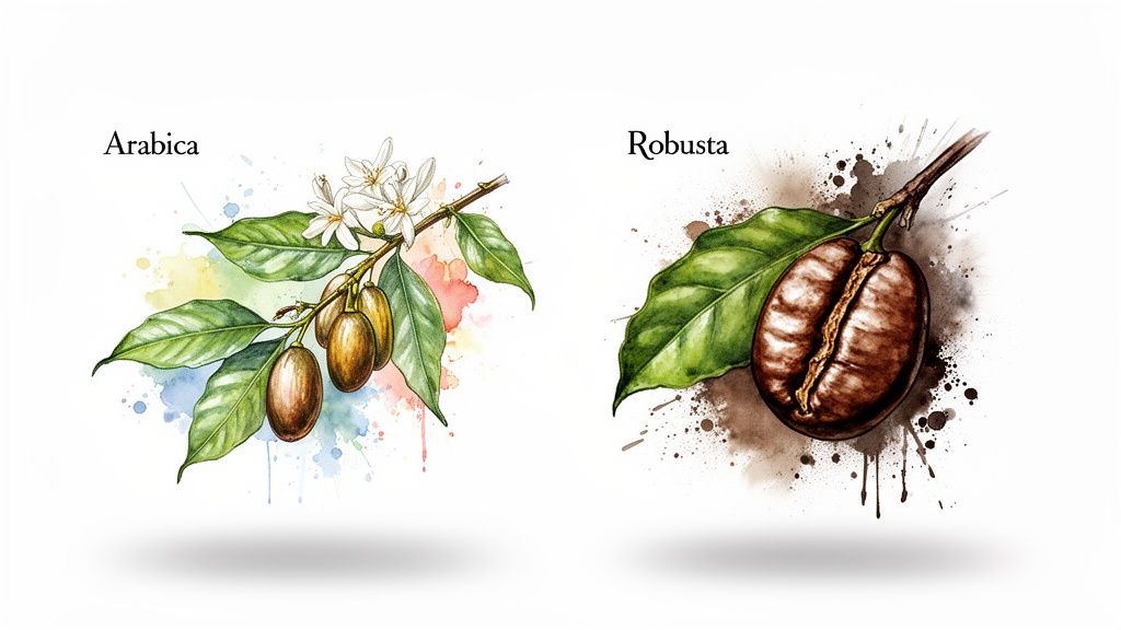 Watercolor illustration comparing Arabica coffee plant with flowers and green beans to a single Robusta coffee bean.